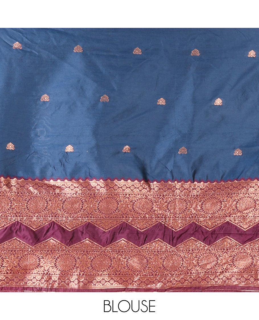 Peacock Blue and Purple Semi-Banarasi Half-Saree Elevated with Zari Buttas on Its Skirt, Complemented by Contrast Traditional Zari Border of Chakram Designs, Paired with a Matching Blouse, and a Satin Georgette Embroidered Scallop Dhavani