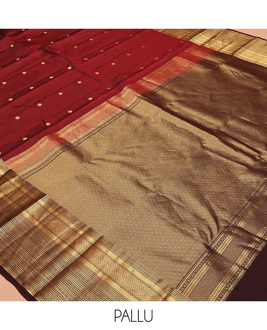 Red Vasundhara Lite-Silk Mix Saree, Delicately Woven with Zari Buttas, Complemented by a Contrast Traditional Zari Border, Grand Jaal Pallu, and a Contrast Blouse