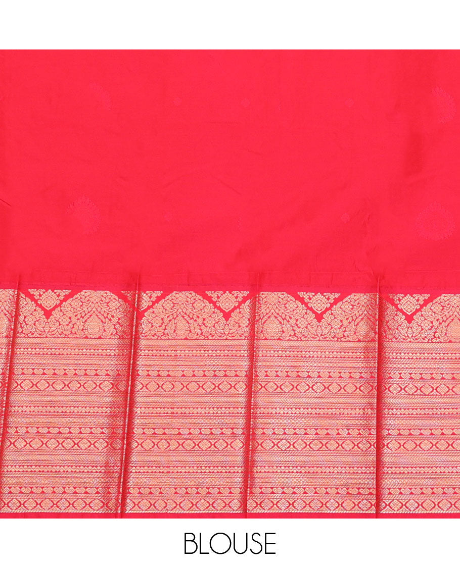Deep Green Budget Silk Saree, Showcasing Zari Buttas, Complemented by a Contrast Traditional Zari Border, Pallu of Geometric Design, and a Contrast Blouse