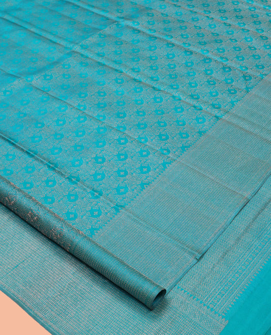 Blue Kanchipuram Wedding Silk Saree, Woven with Jacquard Design, a Zari Border of Traditional Designs, Jaal  Pallu, and a Matching Blouse