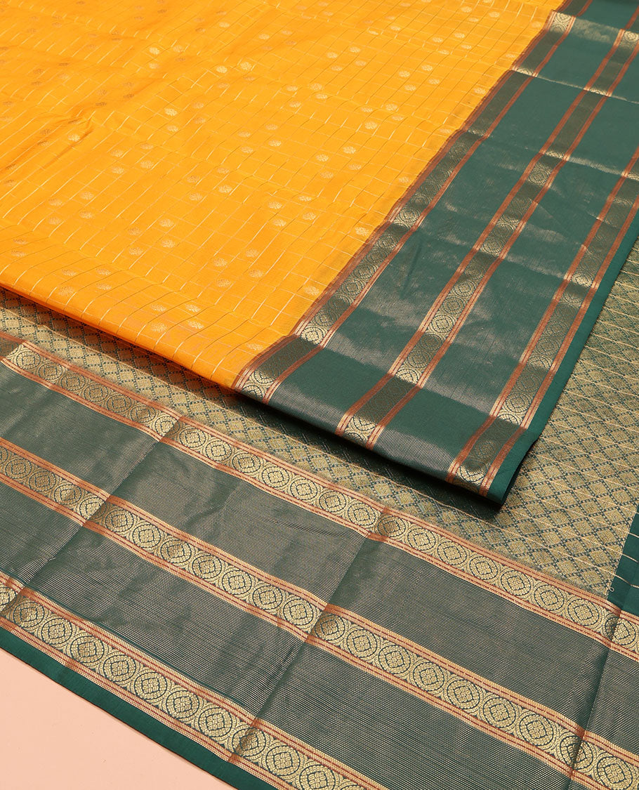 Orange Vasundhara Lite Silk Mix Saree, Artfully Detailed with Zari Buttas Enclosed Checks on Its Body, Complemented by a Contrast Border of Poo Chakram Designs, Intricately Designed Jaal Pallu, and Paired with a Contrast Blouse