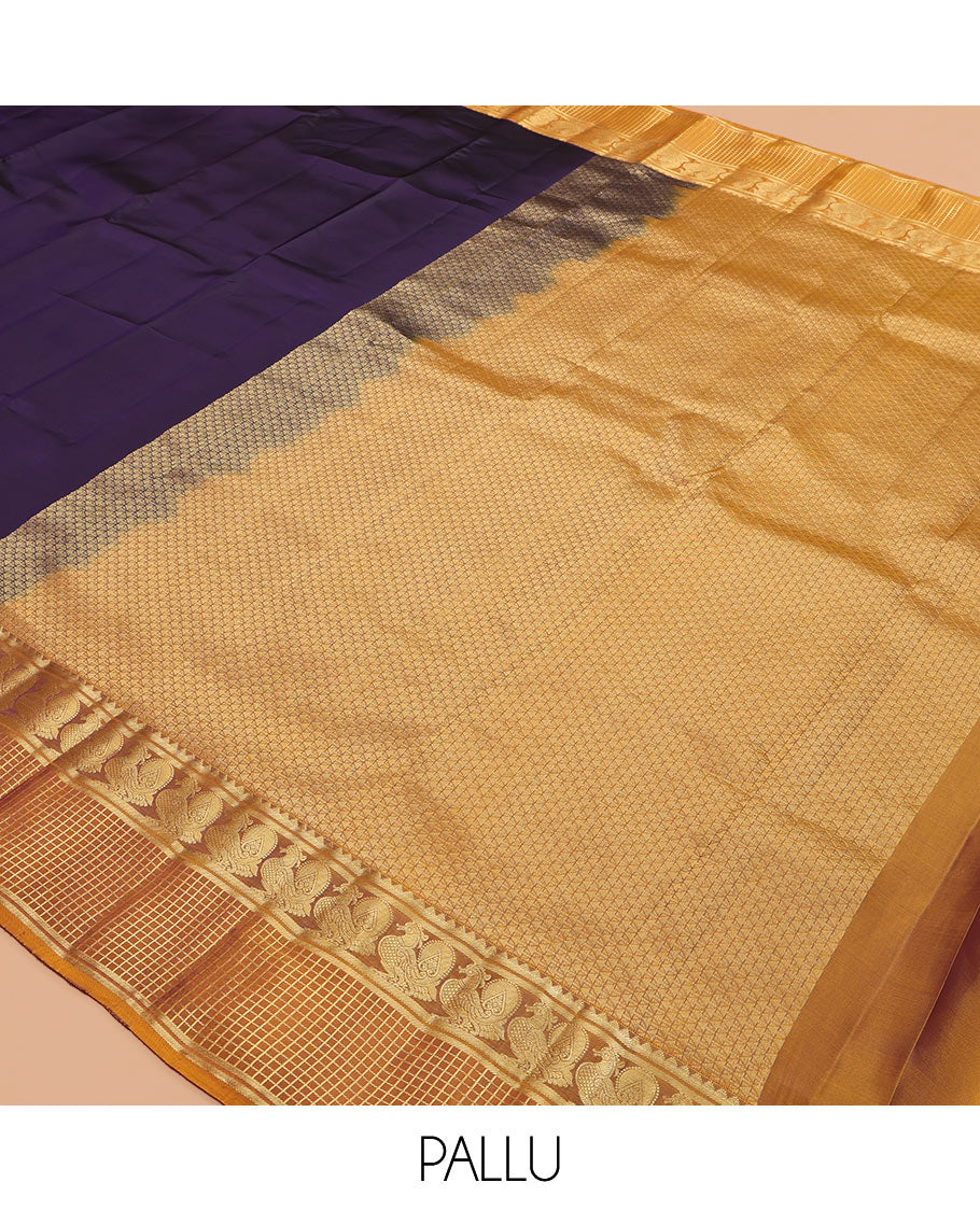 Blue Plain Vasundhara Lite Silk Mix Saree, a Contrast Checked Border of Mayil Designs, Grand Pallu, and a Contrast Blouse