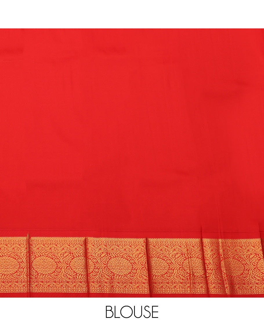 Yellow Budget Silk Saree, Ornamented with Leaf Buttas All Over Its Body, Complemented by a Contrast Traditional Zari Border, Grand Ogee Patterned Pallu, and Paired with a Contrast Blouse