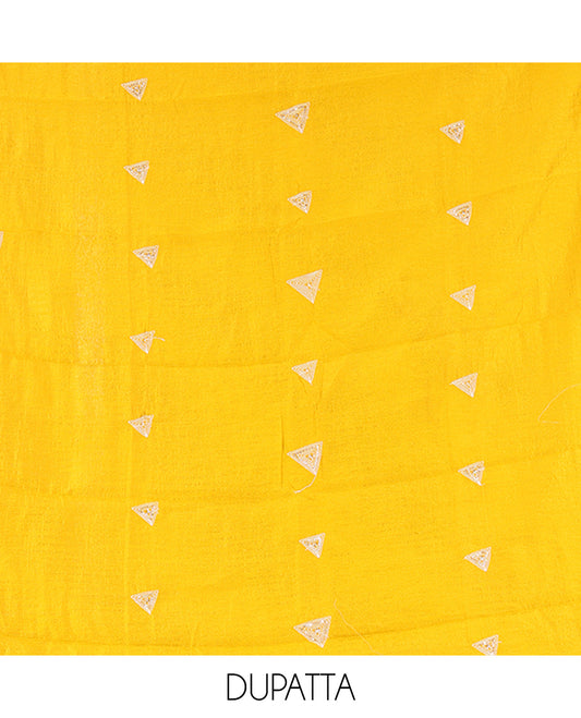 Yellow Vichitra Silk Material Chudidar Features a V-Neck Thread-Sequined Top, a Plain Bottom, Matching Thread-Sequined Dupatta