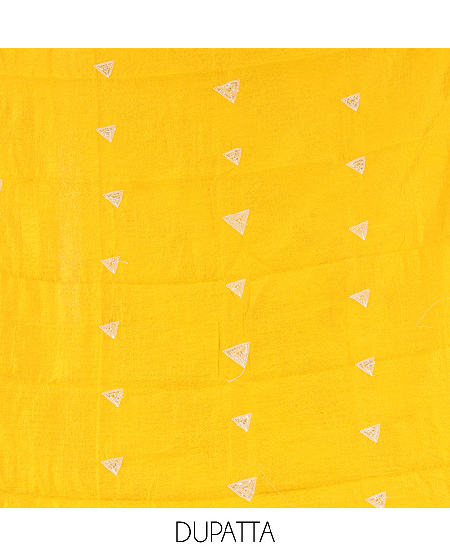 Yellow Vichitra Silk Material Chudidar Features a V-Neck Thread-Sequined Top, a Plain Bottom, Matching Thread-Sequined Dupatta