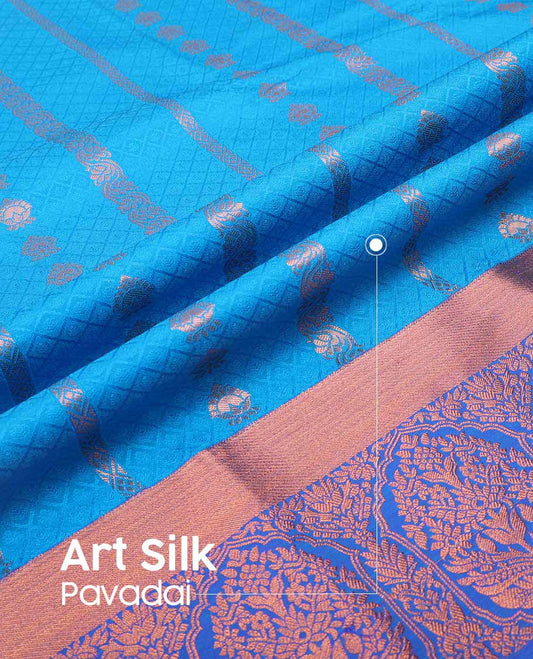 Blue floral design art silk pavadai material with contrast floral zari design border & zari design blouse