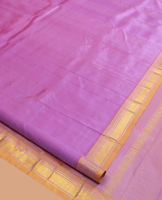 Purple Plain Kanchipuram Silk Saree, a Contrast One-Sided Border of Paneer Sombu, Banaras and Jaal Design, Zari Design Pallu, and No Blouse