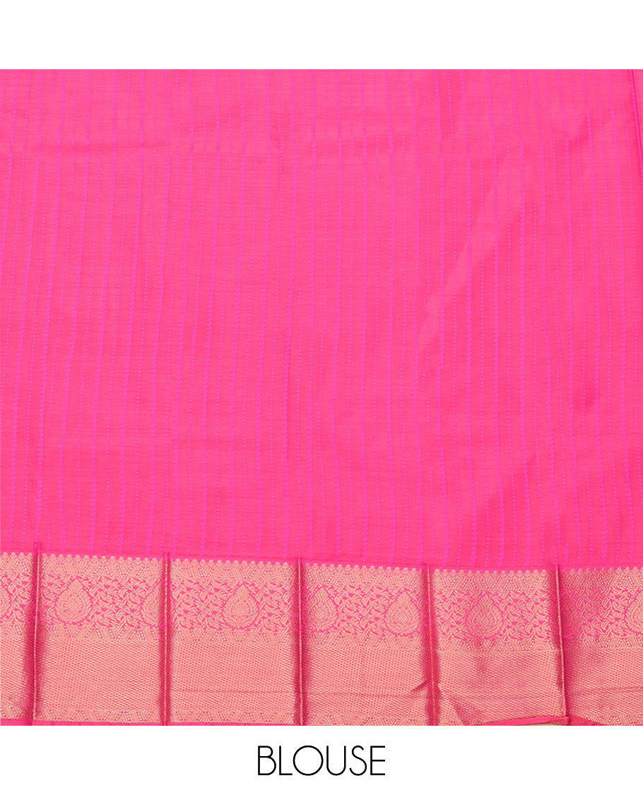Green Budget Silk Saree, Finely Crafted with Zari Stripes, Complemented by a Contrast Traditional Zari Border, Grand Pallu, and a Contrast Blouse