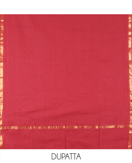 Mustard Handloom Cotton Material Chudidar, Plain and Contrast Traditional Zari-Bordered Top, a Contrast Plain Bottom, and Contrast Dupatta
