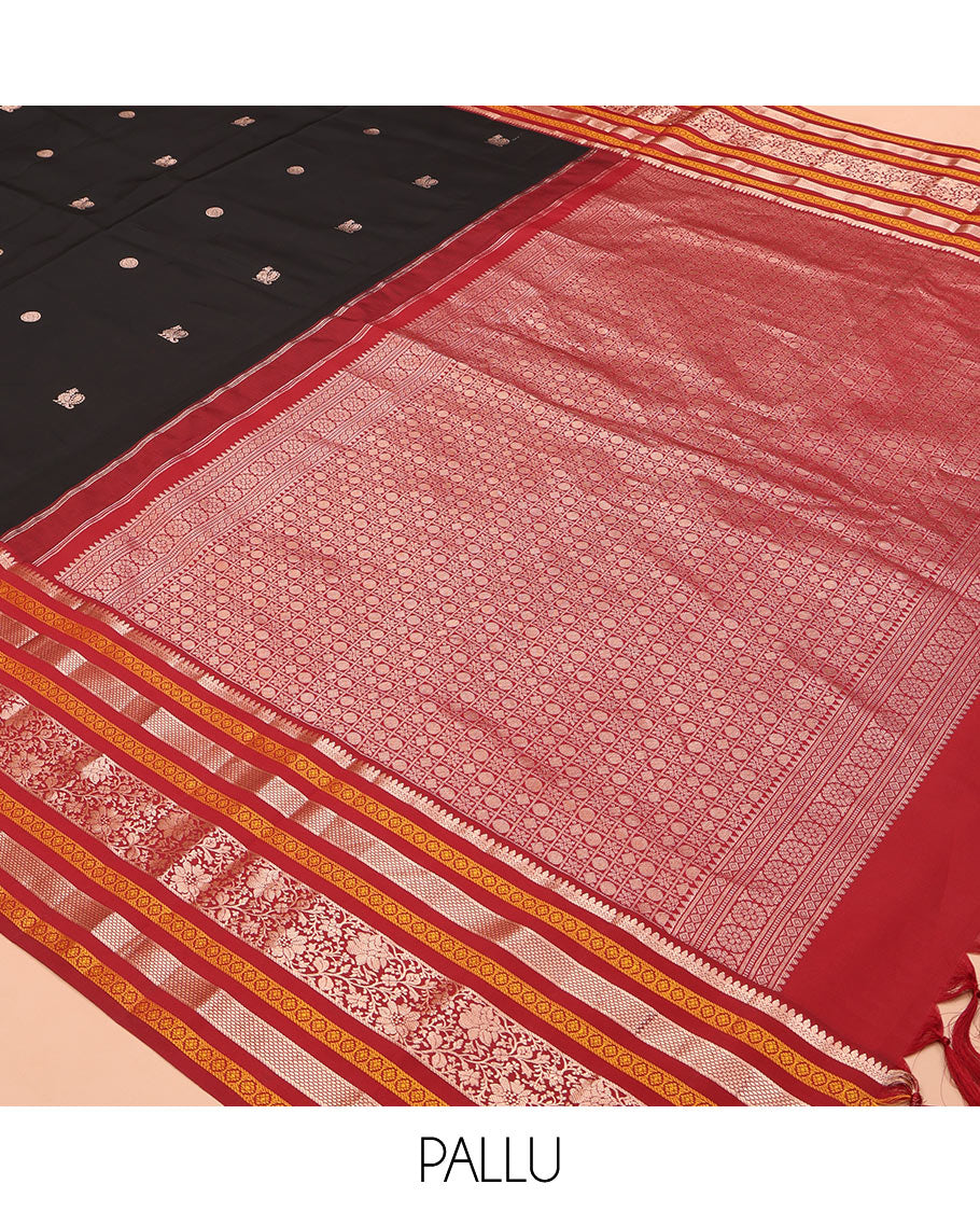 Black Mayil-Chakra Buttas Vasundhara Lite Silk Mix Saree, Contrast Traditional Zari Border, and a Contrast Blouse