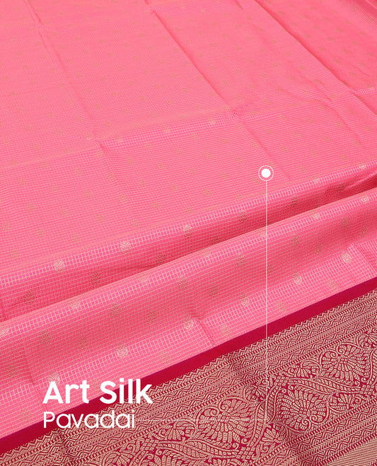 Pink Art Silk Pavadai Material Set Sparkled with Zari Buttas and Zari Checks Skirt, Complemented by a Contrast Traditional Zari Design Border, and Paired with a Contrast Blouse