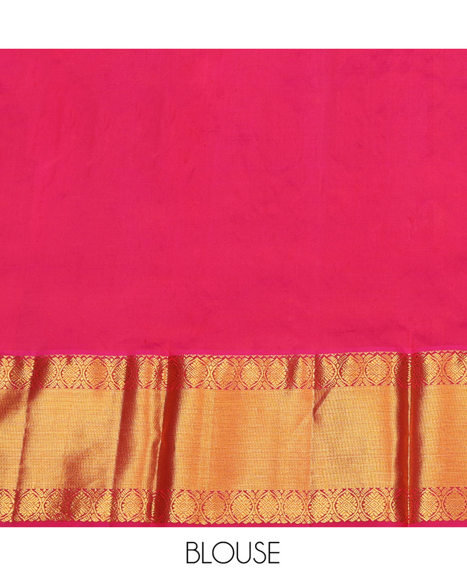 Orange Pure Silk Half-Saree, Woven with Zari Designs All Over Its Skirt, Complemented by Contrast Laddu Kamalam Border, Paired with a Contrast Blouse, and Comes with a Floral Design Dhavani
