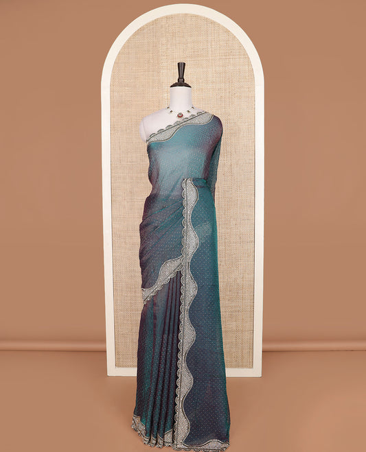 Peacock blue micro-stone work designer saree, scallop micro-stone and tube bead embroidered border