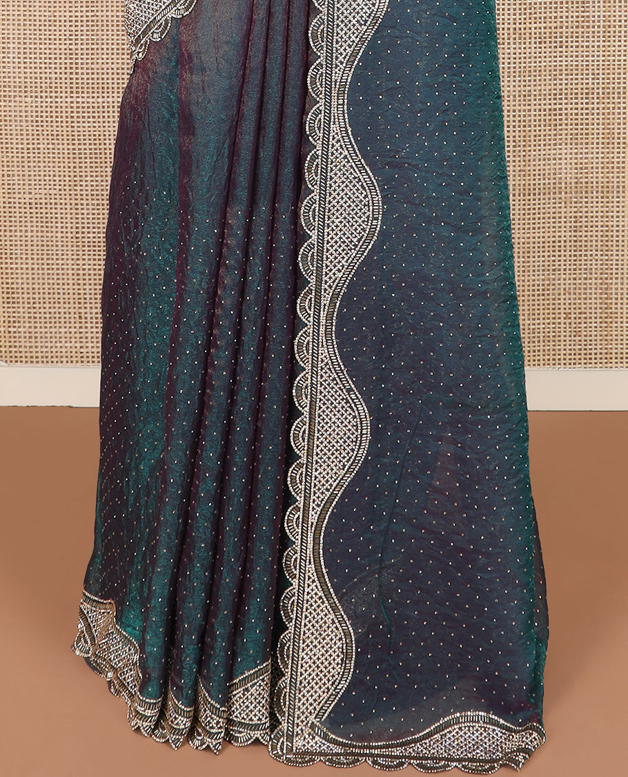 Peacock blue micro-stone work designer saree, scallop micro-stone and tube bead embroidered border