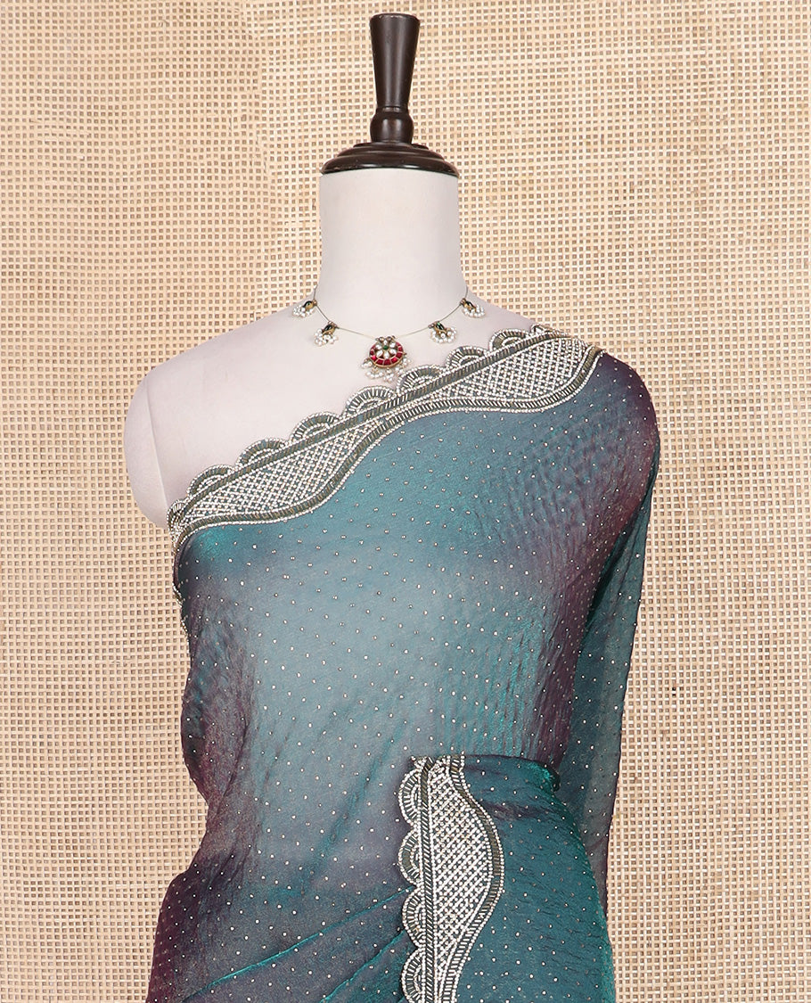 Peacock blue micro-stone work designer saree, scallop micro-stone and tube bead embroidered border