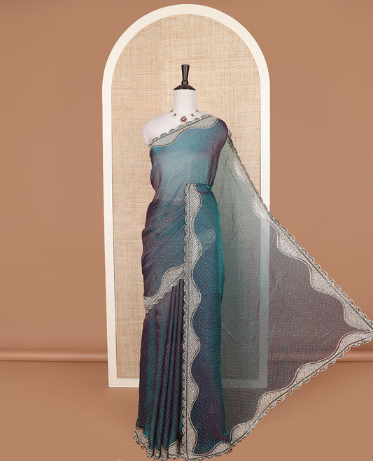 Peacock blue micro-stone work designer saree, scallop micro-stone and tube bead embroidered border