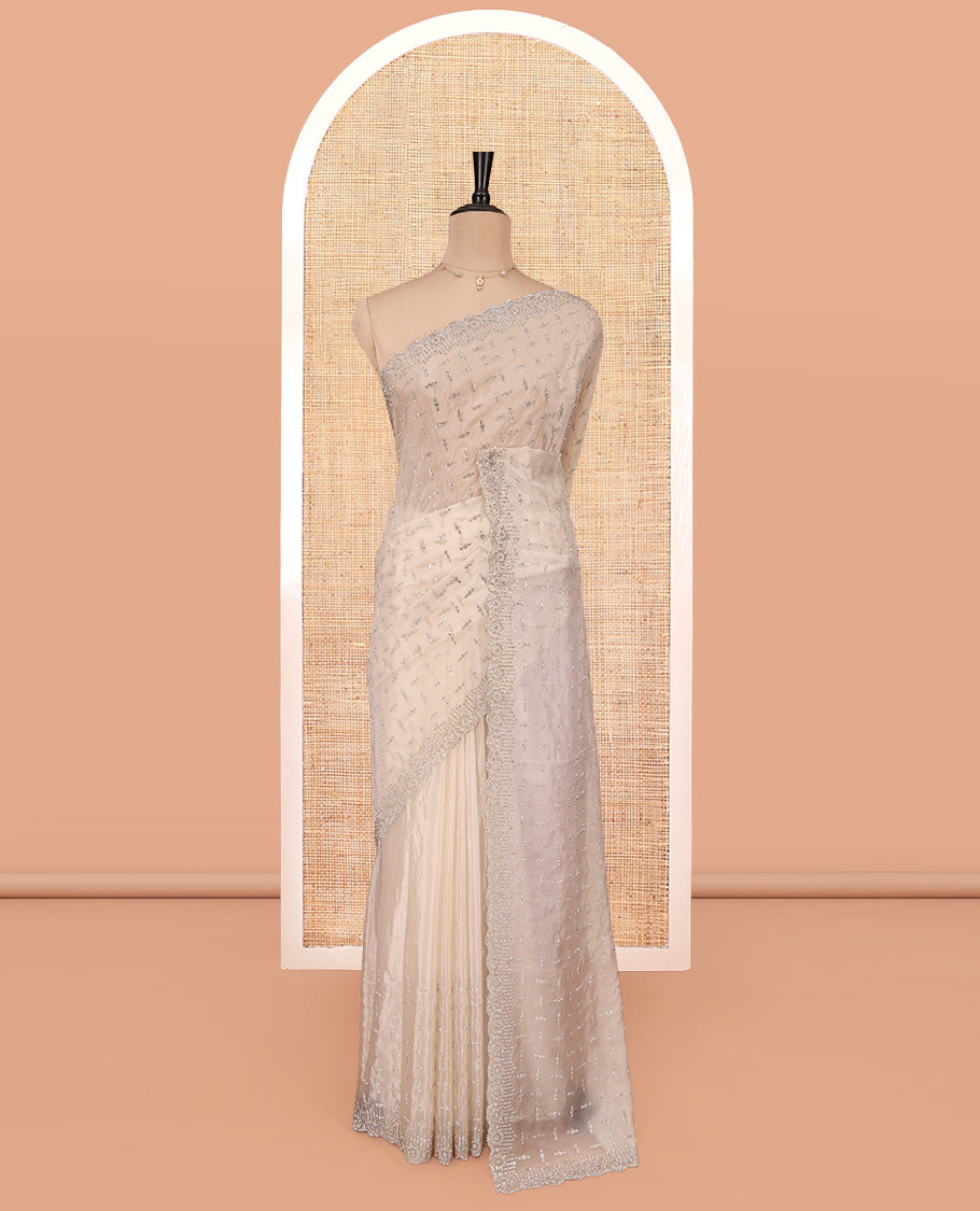 Light Sandal Designer Saree, Beautifully Bedecked with Stonework, a Scallop Stonework Border, and Matching Blouse