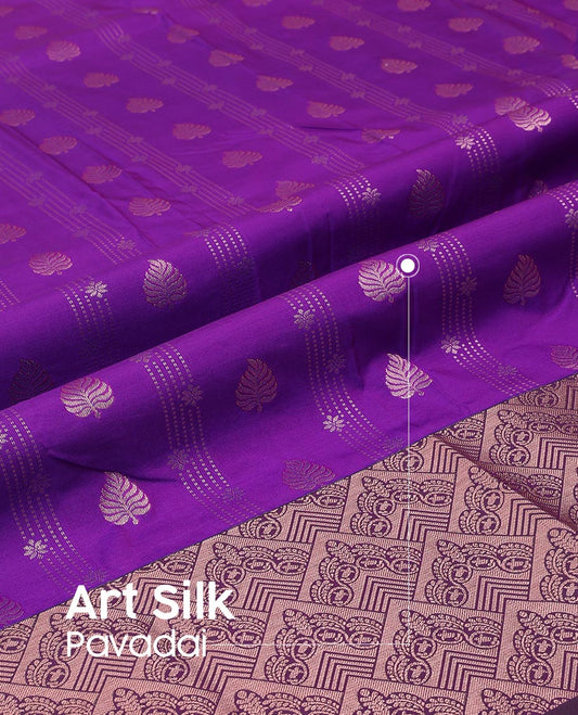 Purple Art Silk Pavadai Material Set, Featuring Leaf Zari Buttas  All Over the Skirt, Complemented by a Contrast Jaal Patterned Zari Design Border, and Paired with a Contrast Blouse