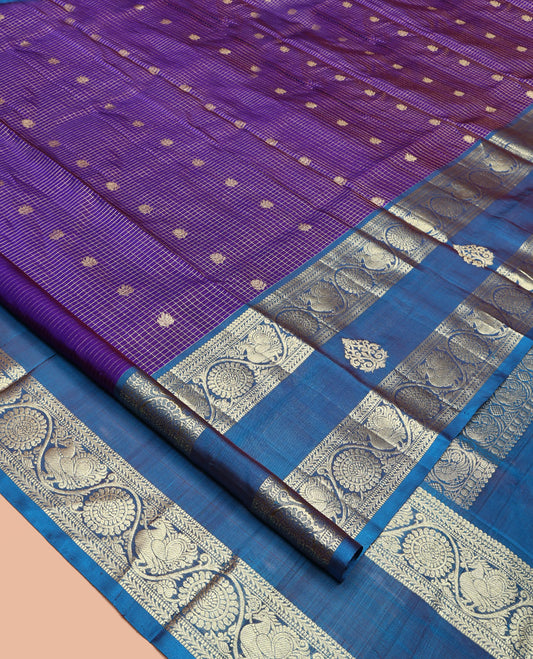 Violet Venkatagiri Silk Saree, Beautified with Zari Buttas and Zari Checks All Over Its Body, Complemented by a Contrast Traditional Zari Design Border, Grand Pallu, and Paired with a Matching Blouse