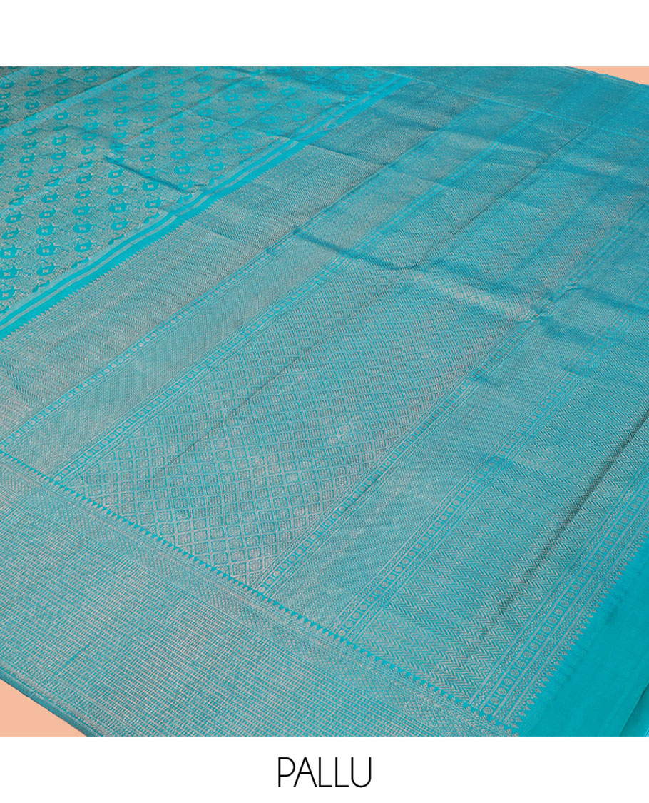 Blue Kanchipuram Wedding Silk Saree, Woven with Jacquard Design, a Zari Border of Traditional Designs, Jaal  Pallu, and a Matching Blouse