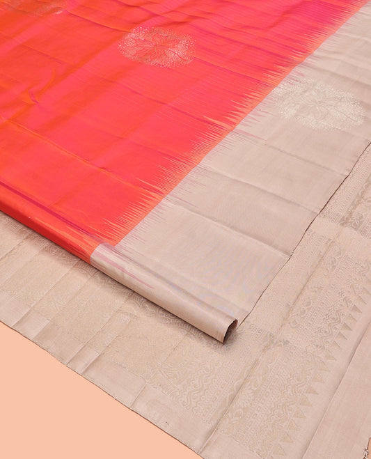 Orange Mayuri Soft Silk Saree, Enriched with Zari Buttas All Over Its Body, Complemented by Contrast Border of Zari Buttas, Intricately Designed Pallu and Paired with a Contrast Blouse