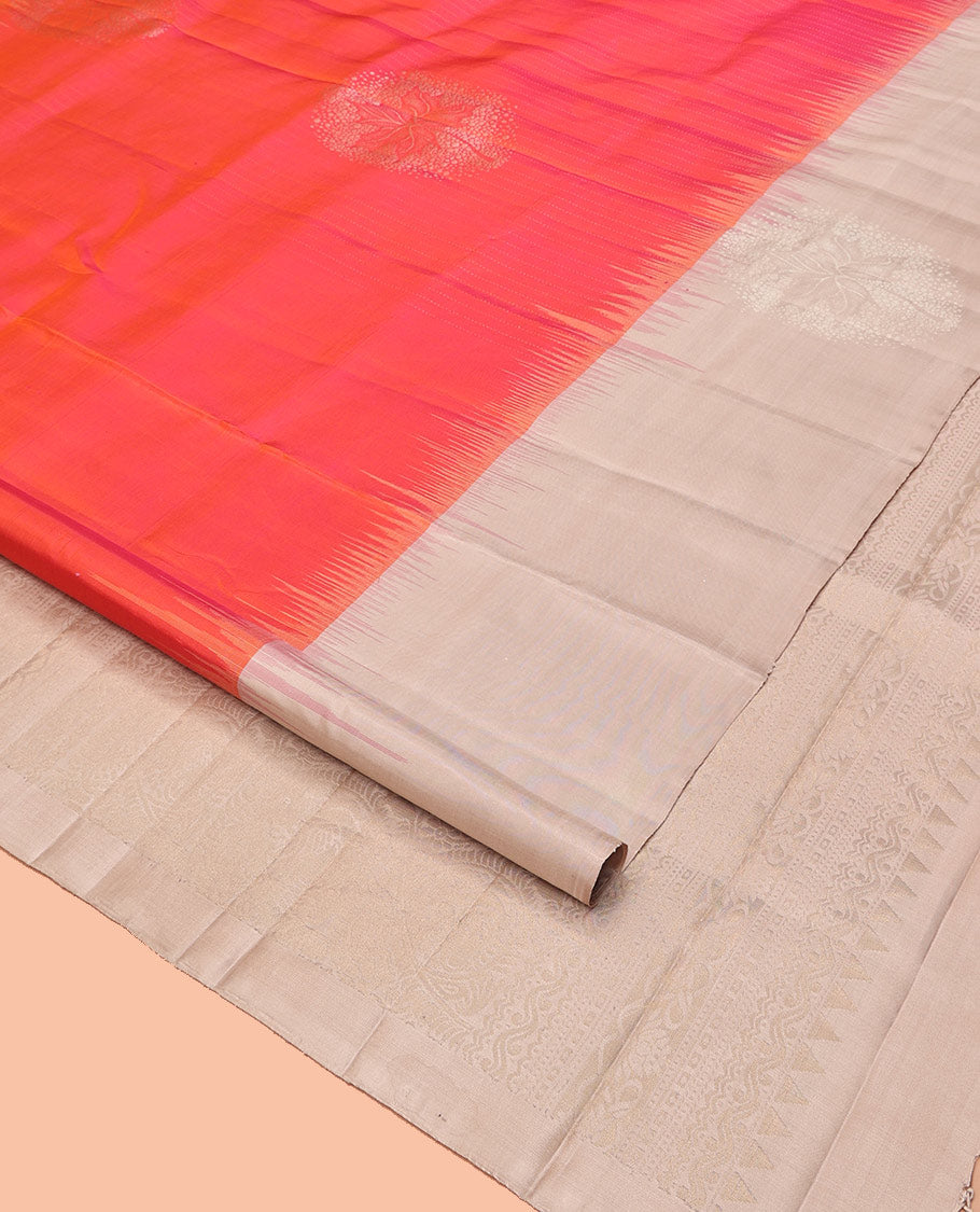 Orange Mayuri Soft Silk Saree, Enriched with Zari Buttas All Over Its Body, Complemented by Contrast Border of Zari Buttas, Intricately Designed Pallu and Paired with a Contrast Blouse