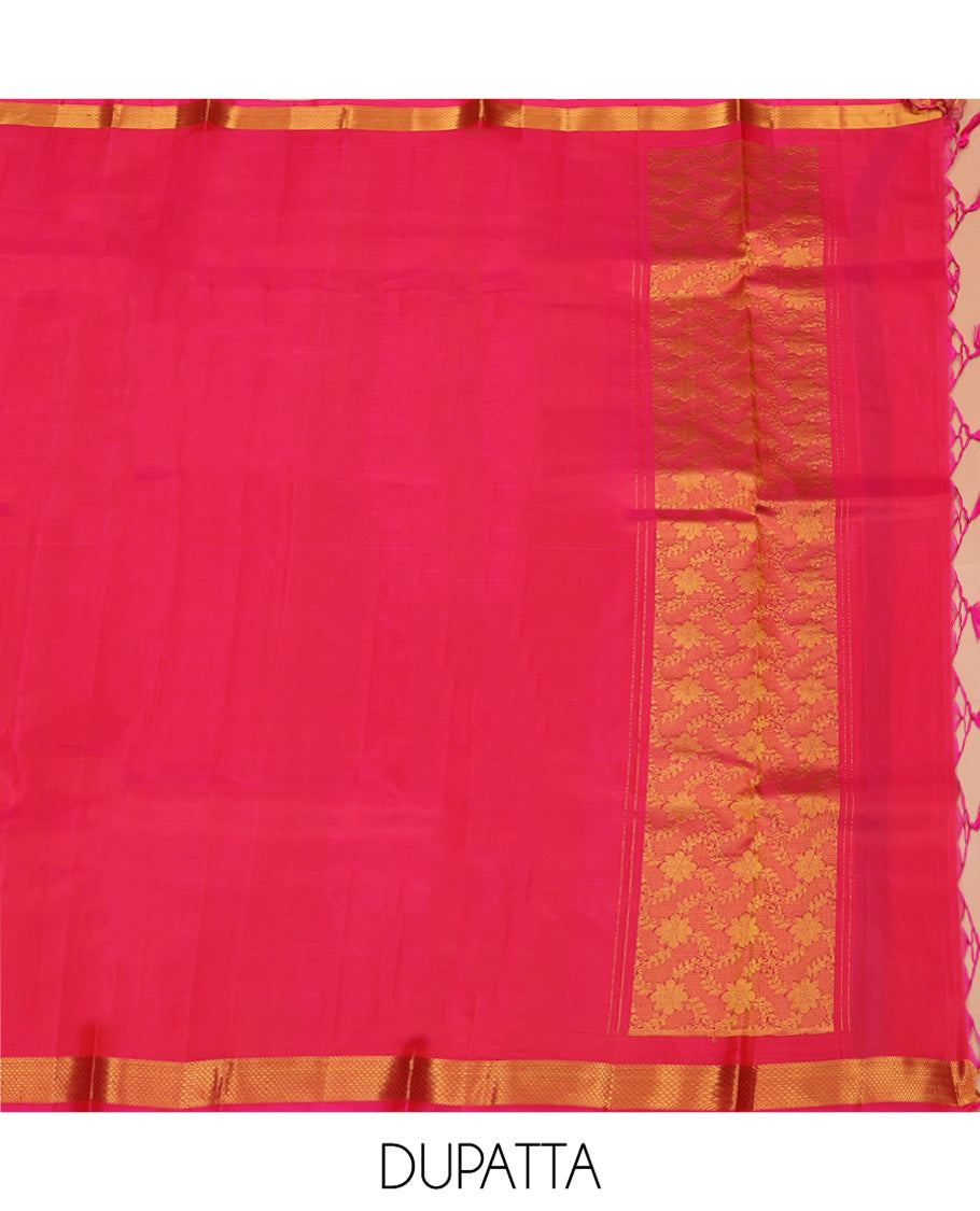 Orange Pure Silk Half-Saree, Woven with Zari Designs All Over Its Skirt, Complemented by Contrast Laddu Kamalam Border, Paired with a Contrast Blouse, and Comes with a Floral Design Dhavani