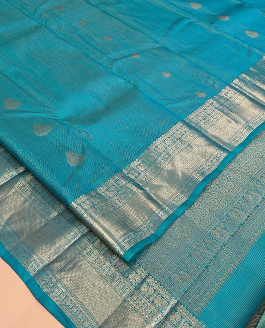 Blue Vasundhara Silk Saree, Woven with Zari Buttas and Vaira Oosi Stripes, a Traditional Zari Border, Grand Pallu, and a Matching Blouse