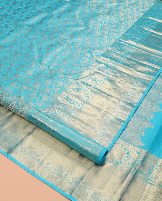 Blue Kanchipuram Wedding Silk Saree, Embellished with Jacquard Design, a Zari Border of Kodi Visiry Designs, Intricately Designed Pallu, and a Matching Blouse