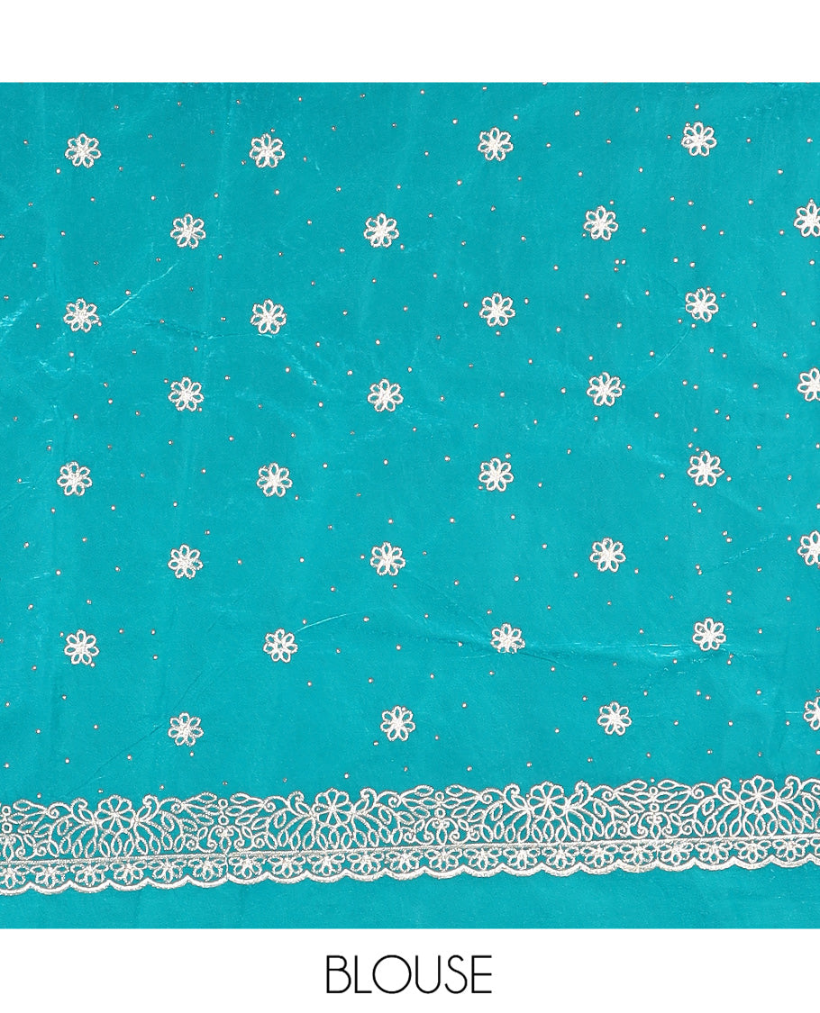 Rama Blue Velvet Organza Half-Saree with Glitter Work Skirt, Embroidered Border, a Matching Blouse, and Contrast Embroidered Dhavani