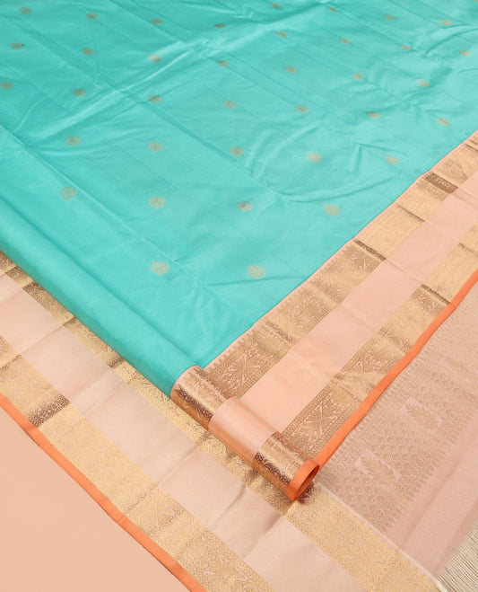 Turquoise Zari Buttas Vasundhara Silk Saree, Delicately Woven with a Contrast Rettai Pettu Border, Grand Pallu, and a Contrast Blouse