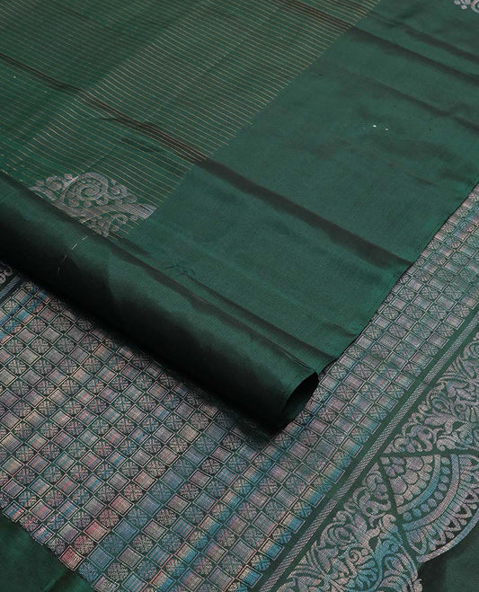 Bottle green striped, floral design bandhani with self floral design border & intricate zari design pallu