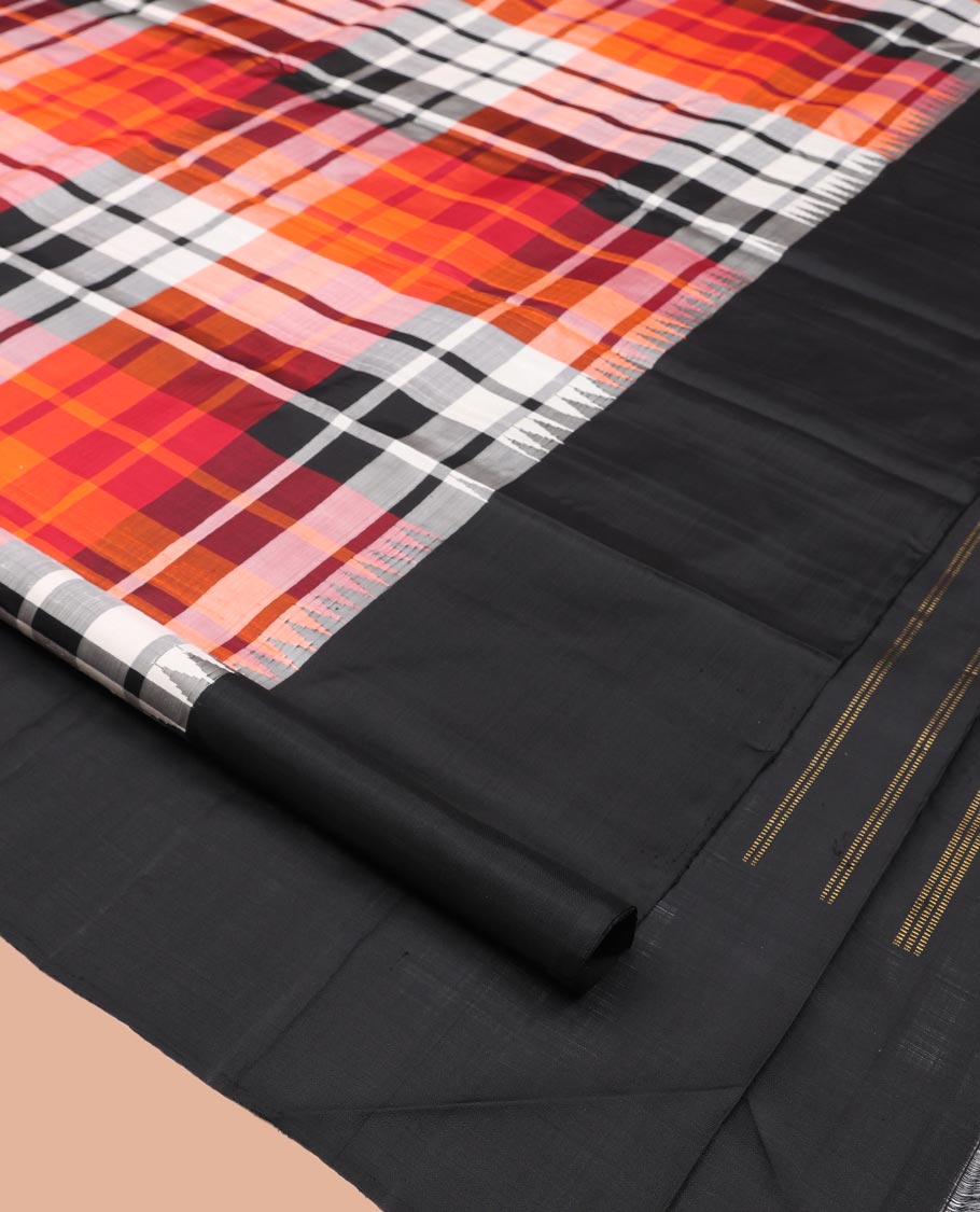 Multi-Color Checked Kanchipuram Silk Saree, a Complemented by a Contrast Thazampoo Rekku Border, Zari Design Pallu, and Contrast Blouse