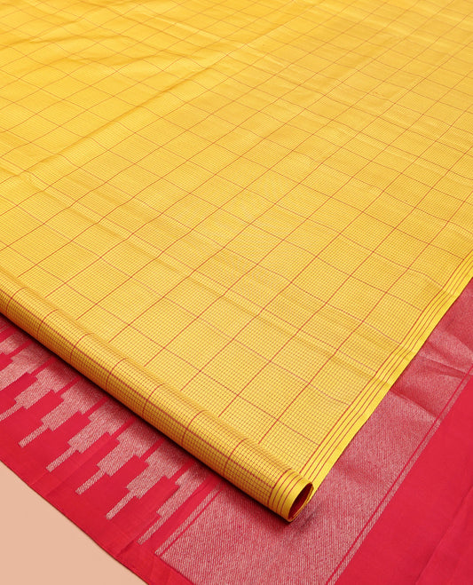 Borderless Yellow Mayuri Soft Silk Saree, Statement with Bold Checked Design On Its Body, Complemented by Contrast Temple Zari Woven Pallu and Paired with a Contrast Blouse