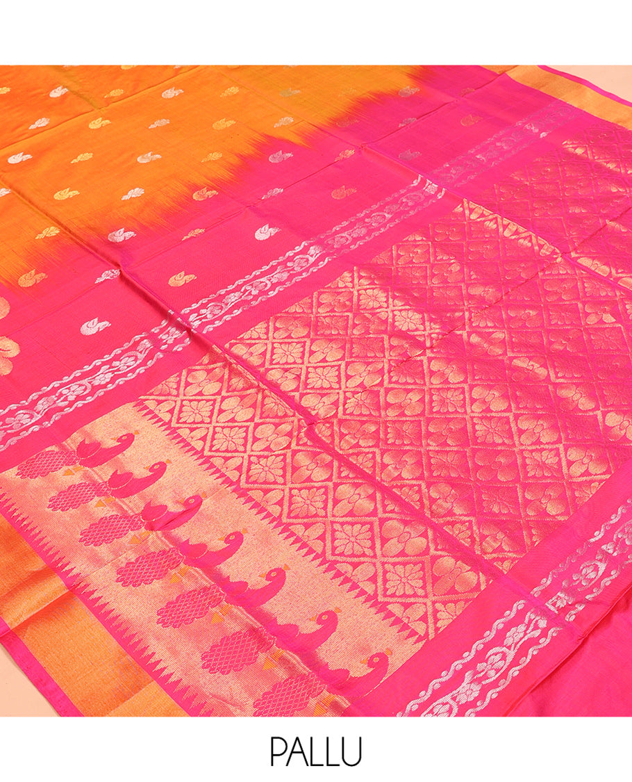 Orange Uppada Silk Saree, Masterfully Woven with Zari Buttas, Complemented by Contrast Peacock Buttas Border, Grand Jaal Pallu and a Contrast Blouse