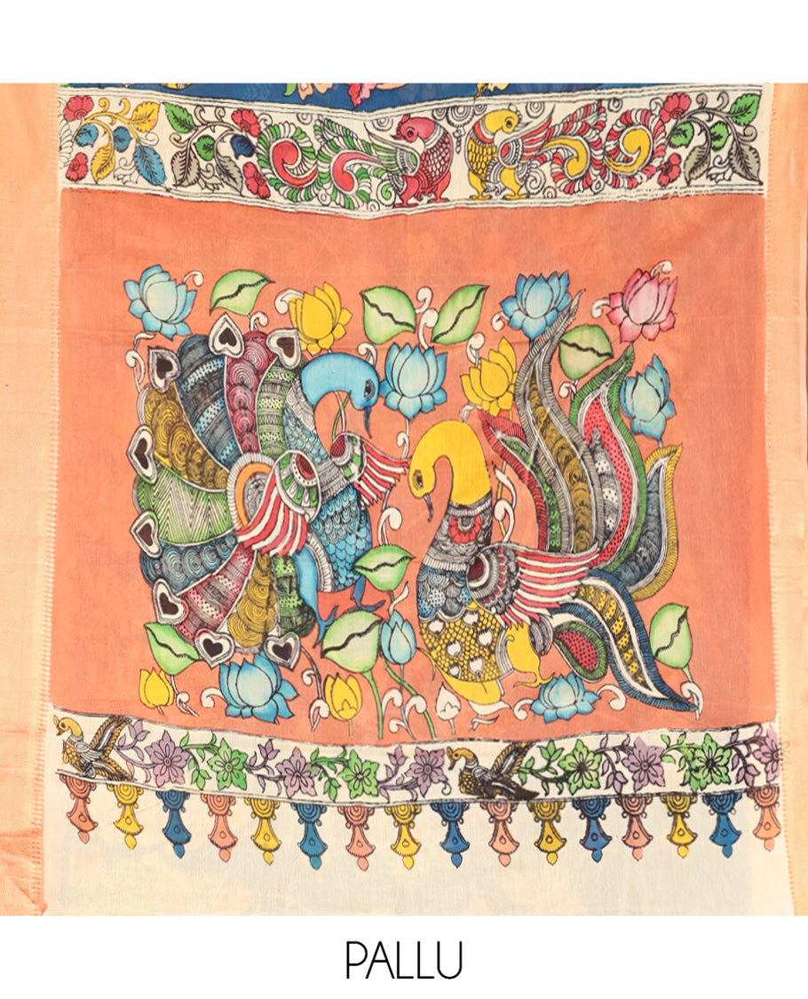Blue Kalamkari Silk Saree, Opulently Embellished with Floral Vine and Ancient Human Motifs Print, a Contrast Traditional Zari Border, Pallu Features Peacock, and a Contrast Blouse
