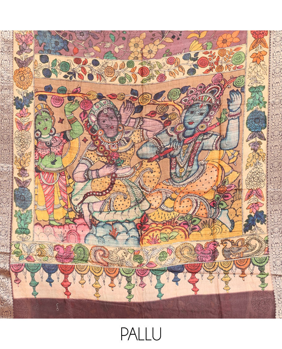 Brown Kalamkari Printed Semi-Banarasi Tussar Saree, Enriched with Floral Design, Zari Border, Contrast Lord Krishna Printed Pallu, and a Contrast Blouse