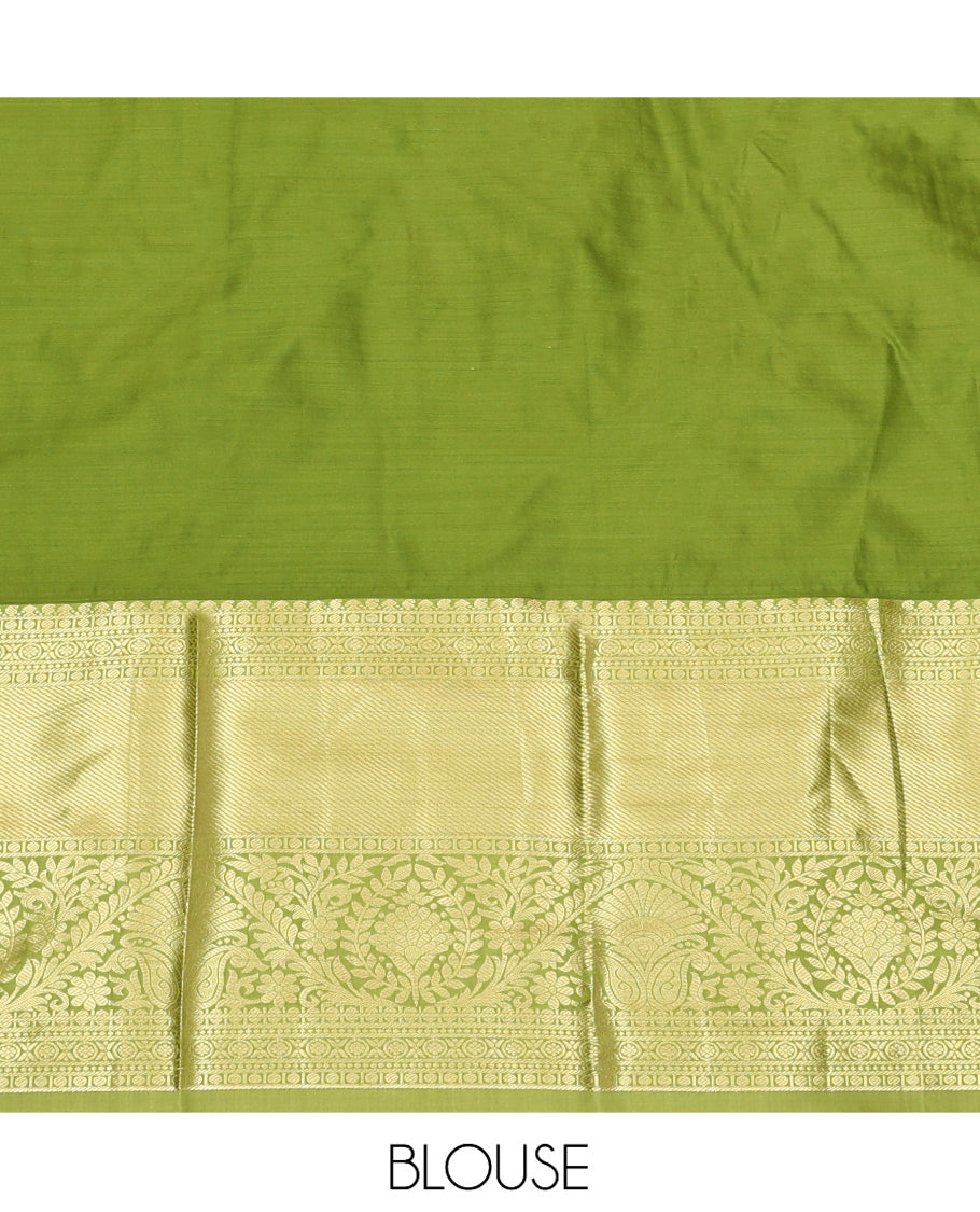 Violet Art Silk Material Half Saree, Decked Up with Jacquard Skirt, a Contrast Traditional Zari Border, Contrast Blouse, and an Intricate Dhavani