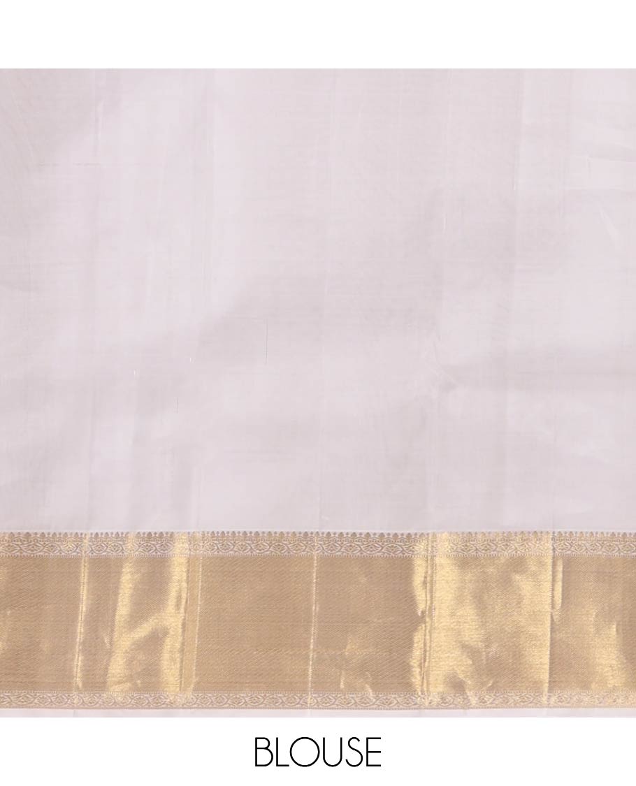 Off-White Kanchipuram Wedding Silk Saree, Finely Woven with Jacquard Design On Its Body, Highlighted by Zari Floral Creeper Design Border, Grand Pallu and Paired with a Matching Blouse