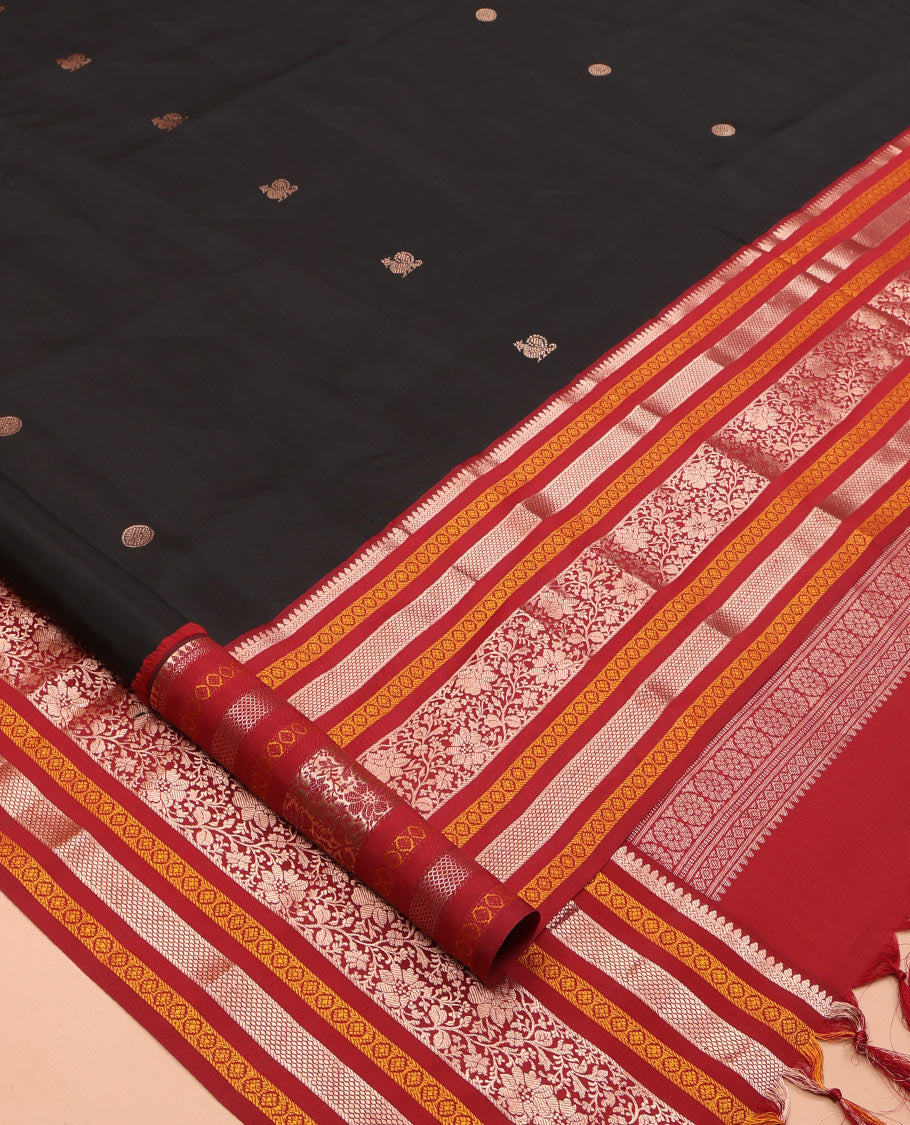 Black Mayil-Chakra Buttas Vasundhara Lite Silk Mix Saree, Contrast Traditional Zari Border, and a Contrast Blouse