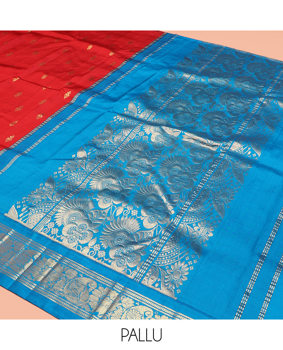 Red Kanchipuram Silk Saree, Spotlighted with Zari Buttas, Contrast Korvai Border of Banaras, Floral and Paisley, Pallu of Floral Design, and No Blouse