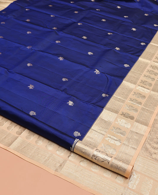 Blue Vasundhara Silk Saree, Woven with Zari Buttas, Contrast Border of Thilakam Mokku, Muthu, Neli, Poun, and Iruthalai Pakshi Designs, Grand Pallu, and Contrast Blouse
