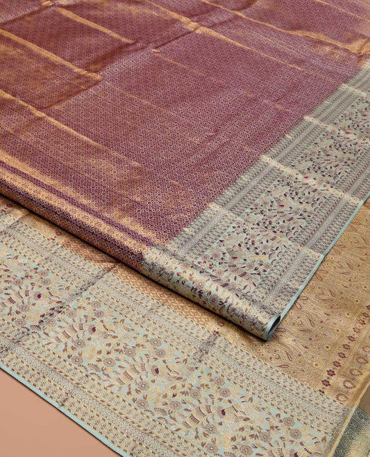 Copper Kanchipuram Tissue Silk Saree, Complemented by Contrast Meenakari Floral and Peacock Design Border, Grand Jaal Pallu and Paired with a Contrast Blouse