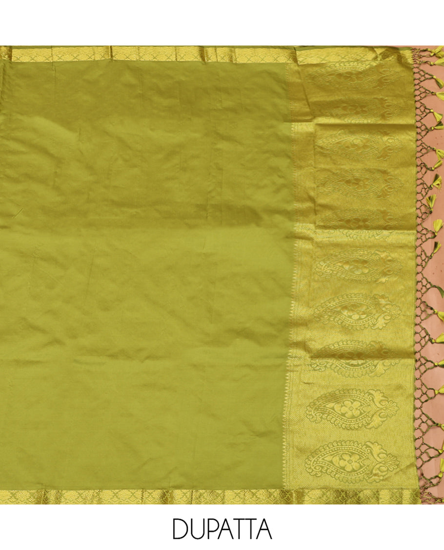 Violet Art Silk Material Half Saree, Decked Up with Jacquard Skirt, a Contrast Traditional Zari Border, Contrast Blouse, and an Intricate Dhavani