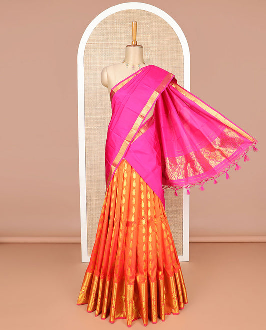 orange buttas silk half saree with contrast border of thilakam mokku, banaras, poo chkram, design, zari design blouse & zari design border dhavani