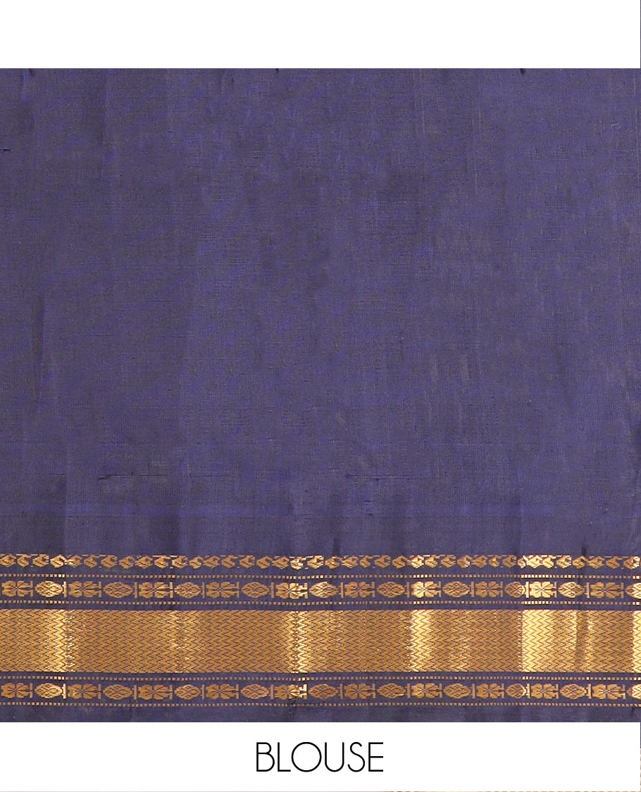 Sandal Gadwal Saree Designed with All-Over Zari Buttas, a Contrast Temple Traditional Zari Design Border, Pallu of Intricate Design, and a Contrast Blouse with Zari Designs