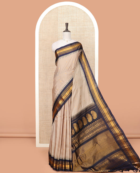 Sandal Gadwal Saree Designed with All-Over Zari Buttas, a Contrast Temple Traditional Zari Design Border, Pallu of Intricate Design, and a Contrast Blouse with Zari Designs