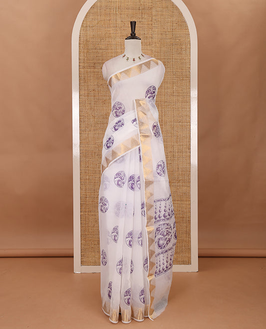 White-violet circular motifs printed mercerised cotton saree, gold zari temple  border, circular motifs printed pallu & matching zari border blouse