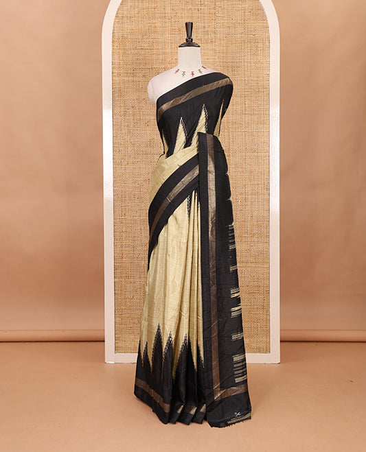 Pista green mango buttas foil printed Dola silk saree, contrast double-sided temple big border, striped temple pallu & contrast vertical striped blouse