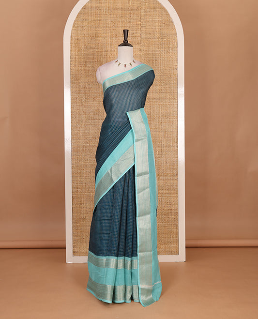 Blue Checked saree with contrast zari border and contrast striped pallu along with contrast blouse